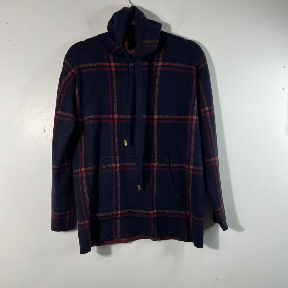 Womens Max Studio Wool Blend Mock Neck Knit Plaid Sweater Pocket XS Navy Orange